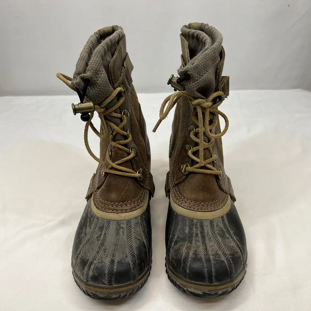 Sorel Slimpack Riding Tall Brown Black Leather Waterproof Duck Boots Womens 8.5